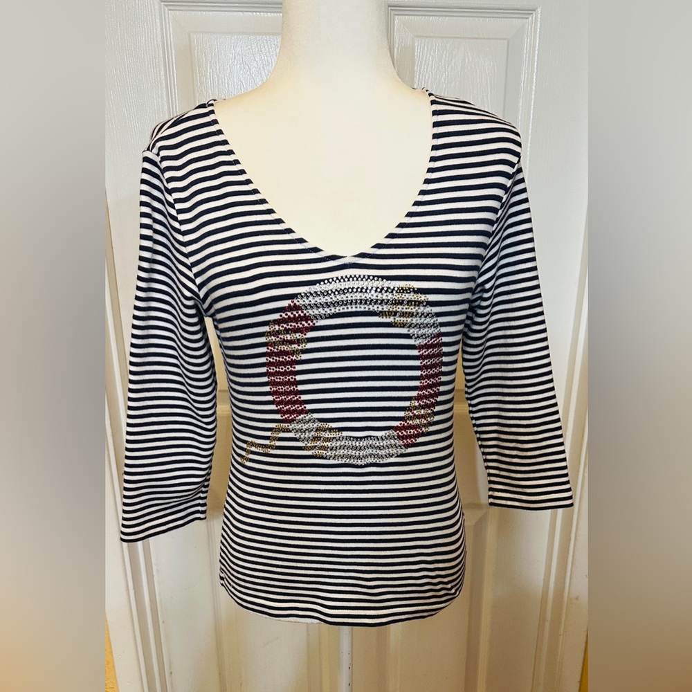Chico's Top Striped 3/4 Sleeve Black White Embellished V-Neck Size 0 small